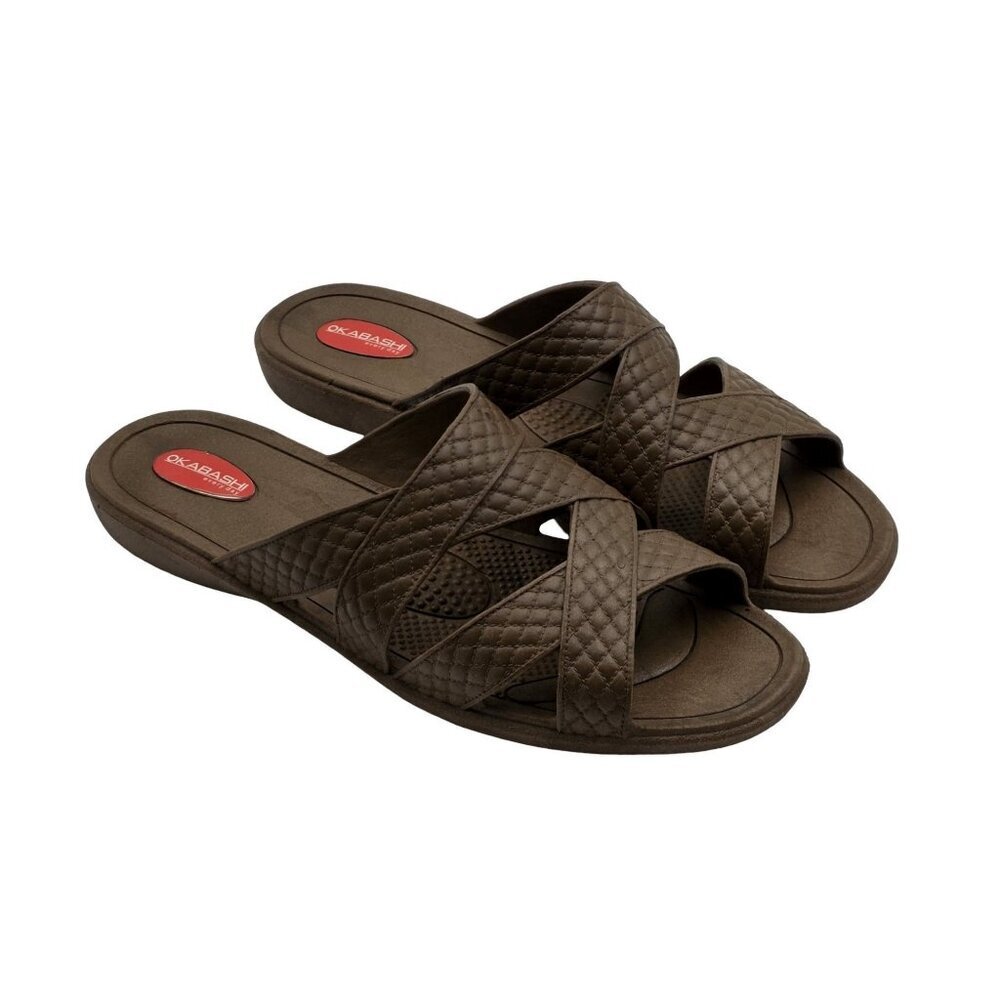 Women's - Okabashi Brown Cross Strap Slide Sandals, Size Large